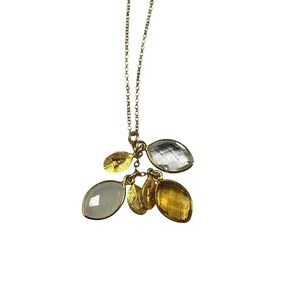 Stella & Dot Gold‎ Tone Leaf Cluster Necklace Amber White Glass Stones 18 inch
